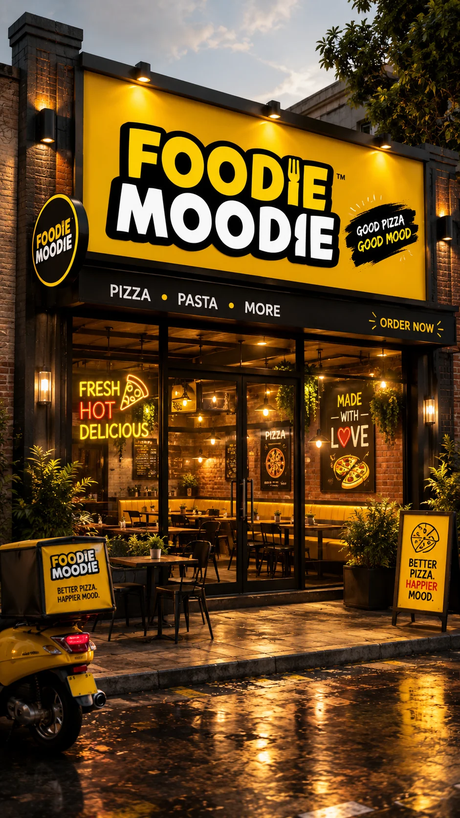 Foodie Moodie storefront at dusk, glowing signage and outdoor seating